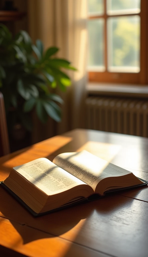 "A simple, well-polished wooden table, with an open Bible resting upon it. The Bible is situated in the background of the image, with soft, warm sunlight falling upon its pages, highlighting the words and creating a subtle glow effect. The surrounding environment is welcoming and illuminated by natural light streaming through the window, with the background blurred to keep the focus on the Bible."