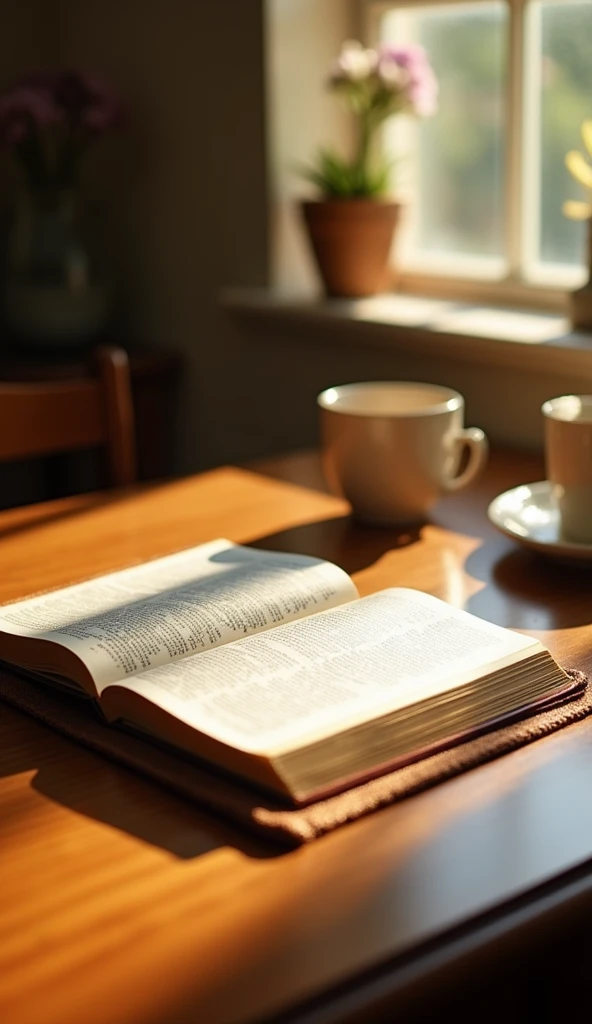 "A simple, well-polished wooden table, with an open Bible resting upon it. The Bible is situated in the background of the image, with soft, warm sunlight falling upon its pages, highlighting the words and creating a subtle glow effect. The surrounding environment is welcoming and illuminated by natural light streaming through the window, with the background blurred to keep the focus on the Bible."
