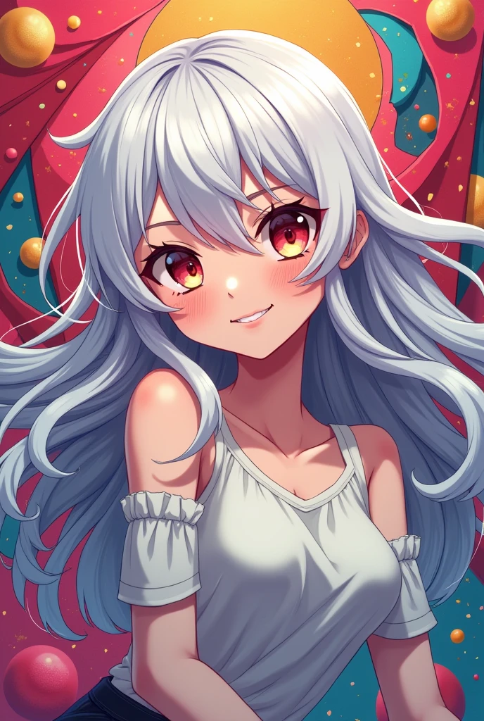 She is a woman with a rather large chest, white-gray hair, a slightly happy or slightly horny face, about 19-20 years old, a smile full of sexual desire, giving off the feeling of an anime cubist sister.