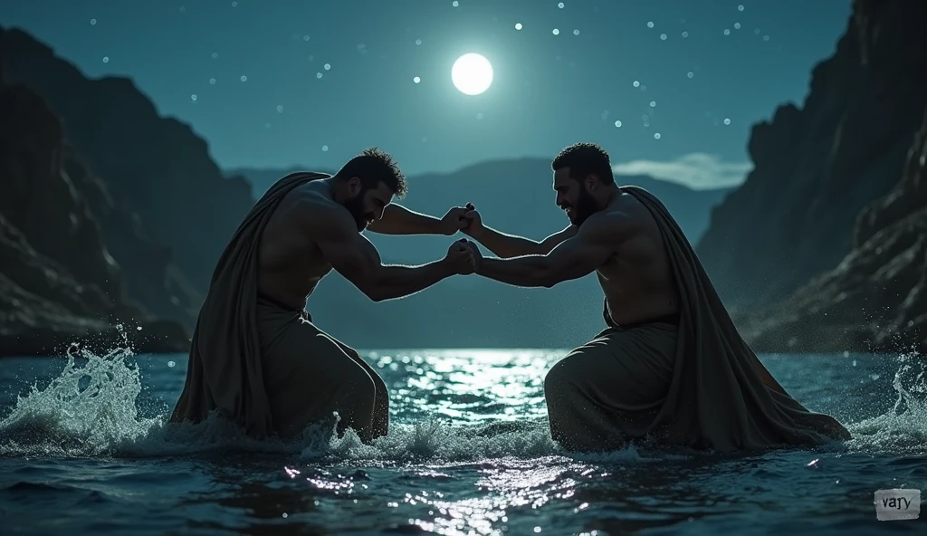 "Create a YouTube video thumbnail depicting a biblical era scene with two strong men engaged in a fierce struggle by the river Jabbok on a dark and silent night. The men are dressed in ancient robes, with intense expressions as they grapple with each other. The setting is under a starry sky, with the moon casting a faint glow over the scene. The river flows quietly in the background, and the surrounding landscape is rugged and desolate. In the foreground, prominently display the phrase in Portuguese: 'Nao te deixarei ir, se não me abençoares.' in bold, dramatic font, making it clear and eye-catching for viewers."

