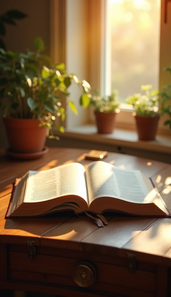 "A simple, well-polished wooden table, with an open Bible resting upon it. The Bible is situated in the background of the image, with soft, warm sunlight falling upon its pages, highlighting the words and creating a subtle glow effect. The surrounding environment is welcoming and illuminated by natural light streaming through the window, with the background blurred to keep the focus on the Bible."
