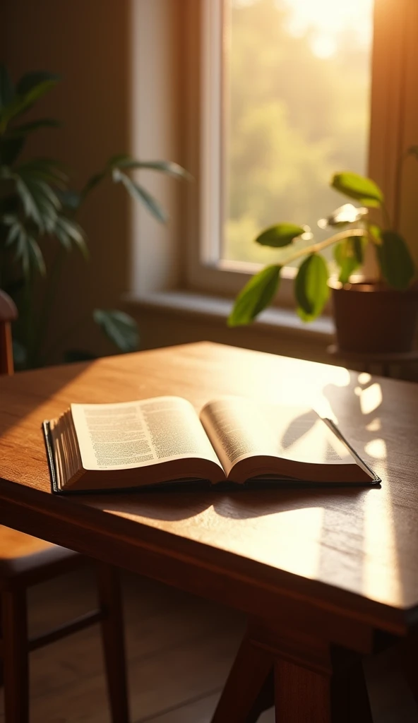 "A simple, well-polished wooden table, with an open Bible resting upon it. The Bible is situated in the background of the image, with soft, warm sunlight falling upon its pages, highlighting the words and creating a subtle glow effect. The surrounding environment is welcoming and illuminated by natural light streaming through the window, with the background blurred to keep the focus on the Bible."
