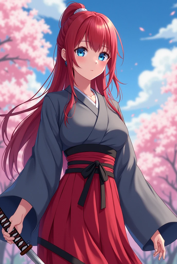 ((Highest quality))Anime, Japanese woman in a kimono, with azure eyes, red hair, long hair tied low, gray hakama, scarlet dress, katana on her left hip, large breasts, large buttocks, wearing geta, dressed as a man, full body.