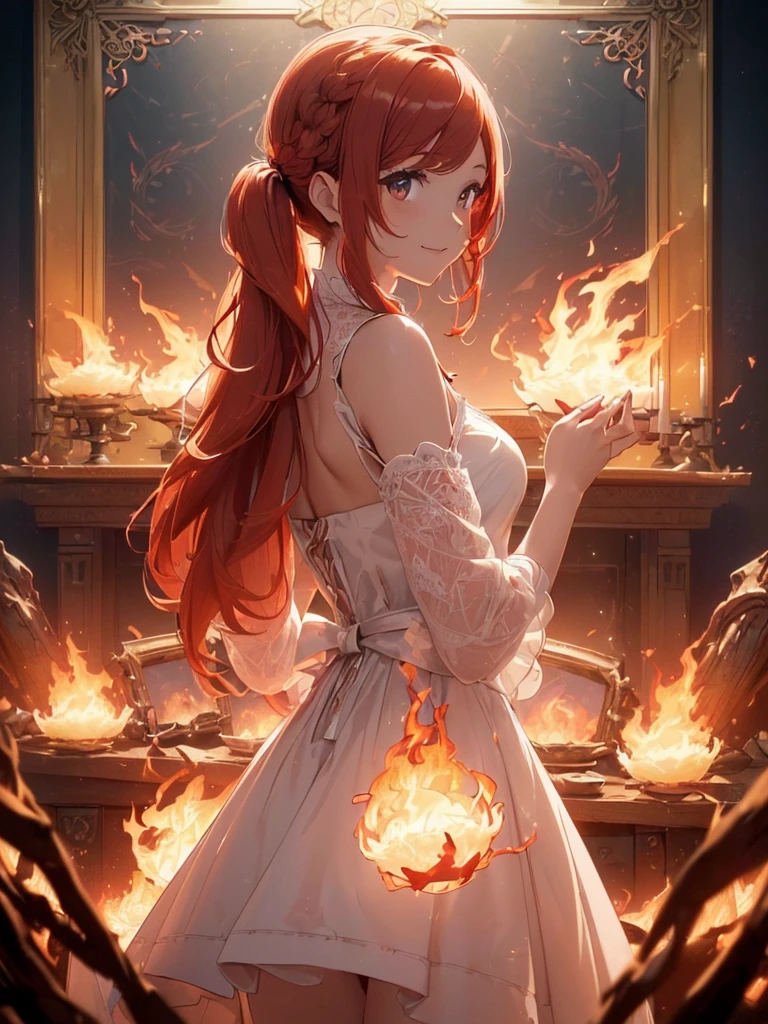 (((best quality, sharp image, clear image, cinematic lighting, 8k resolution, masterpiece, ultra detailed, intricate))) Girl, (((looking over left shoulder))), (shot from behind), ((half shot)), fiery red hair, pigtails, ((white dress)), ((flaming sigils, flaming runes)), spiky rock formations, (flaming lotus flowers frame), (intricate background), ((Phoenix)), (swirling flames), smiling