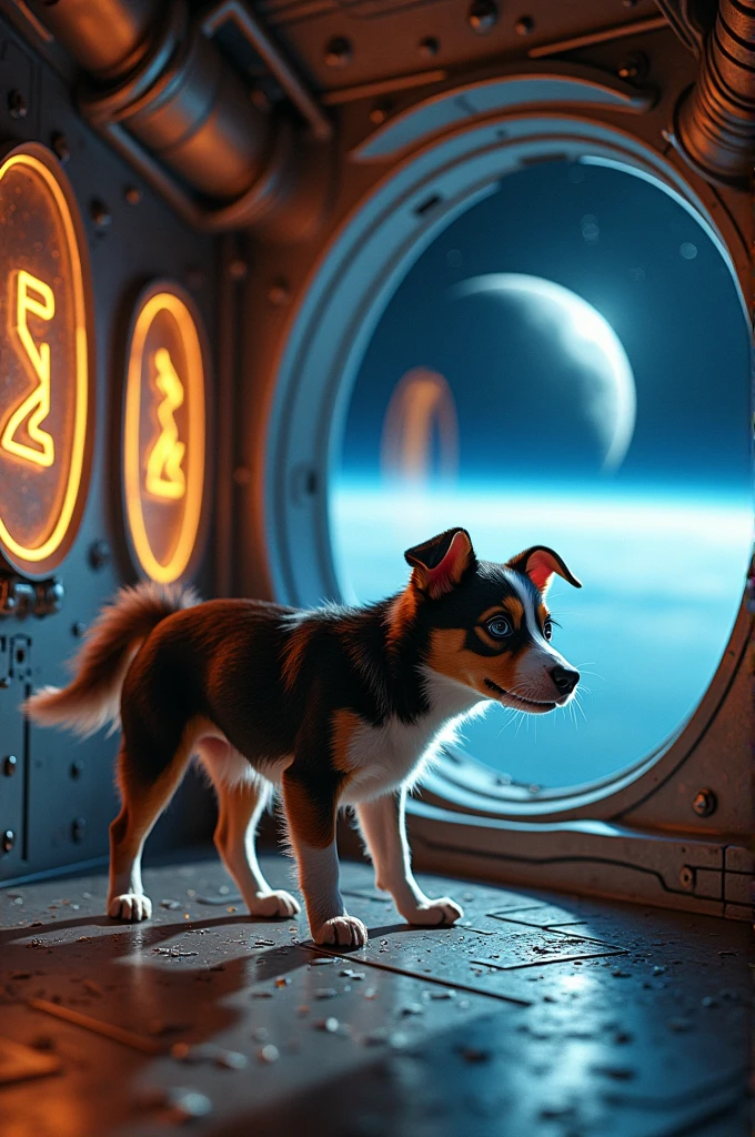 Dog/runes inside the ship going to the moon