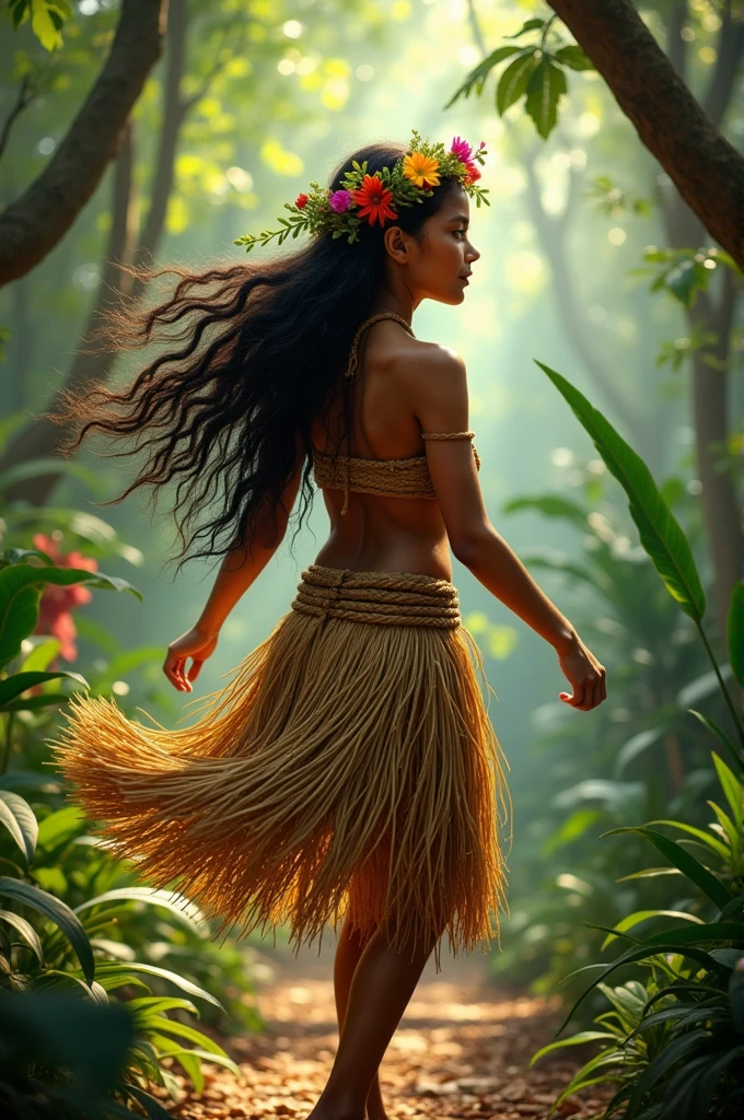 A primitive girl wearing a grass skirt