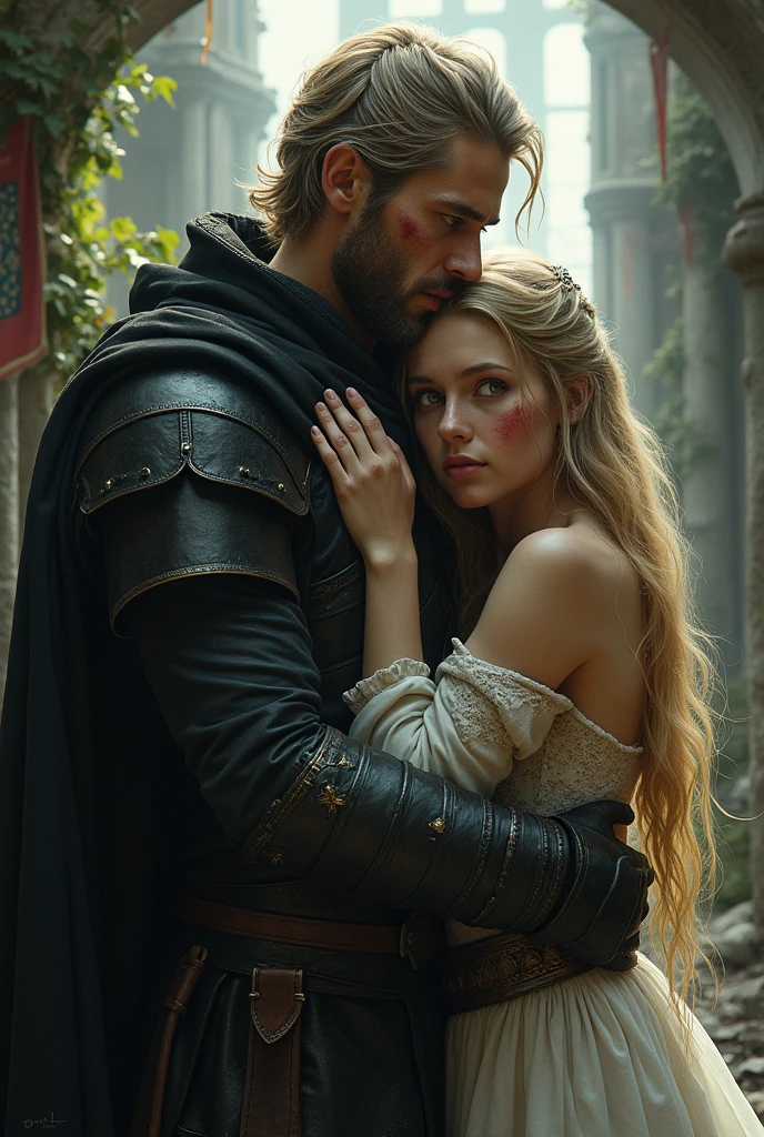 Realistic style, 2 people, 1 man, light skinned, disheveled white hair, with yellow eyes, combat gear and a black cloak, with bandages stained with blood, She is wearing, The 2nd person, Princess, a long white dress, green eyes, long blonde hair, It's sad, hugging the man