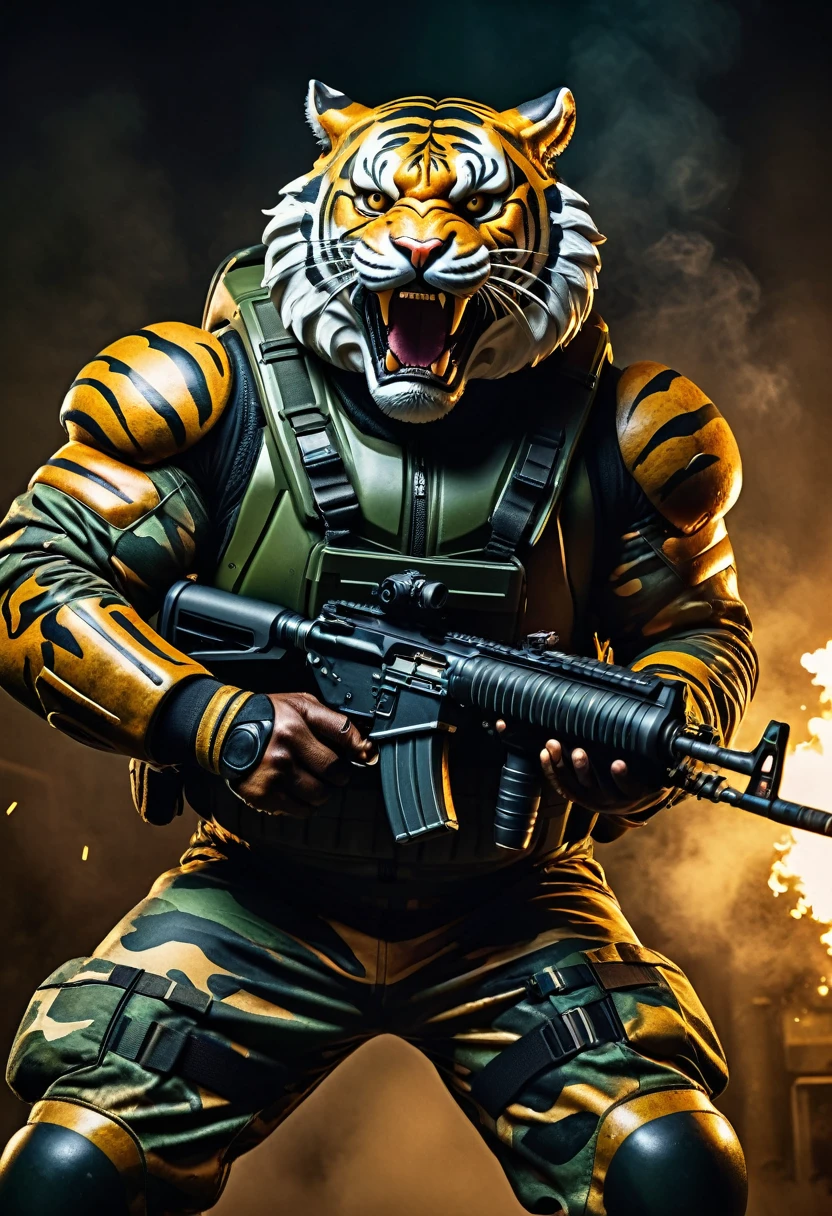 (a dark-skinned fat muscular old man in a bulky army camouflage zipper diver suit) carrying a machine gun, (wearing realistic roaring tiger mask), dynamic action pose, fierce expression, showcasing an imposing stature, surrounded by military elements, dramatic shadows and intense highlights, cinematic color tones, high detail, powerful, art influenced by Bruce Onobrakpeya and Stanley Artgerm, ultra-detailed, best quality image, action-packed atmosphere. fighting stance