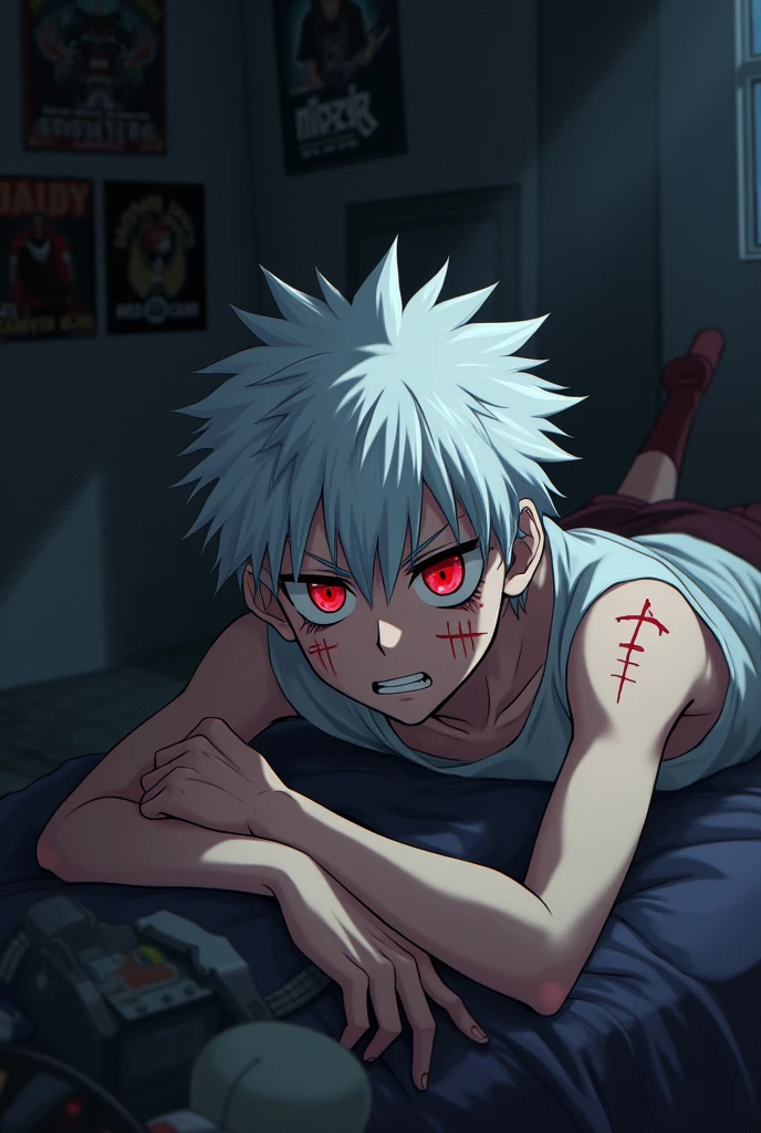 Make a ager with white hair and scarlet eyes, he has an angry expression and there are red marks on his face, He is lying on a makeshift bed.
anime styling.
