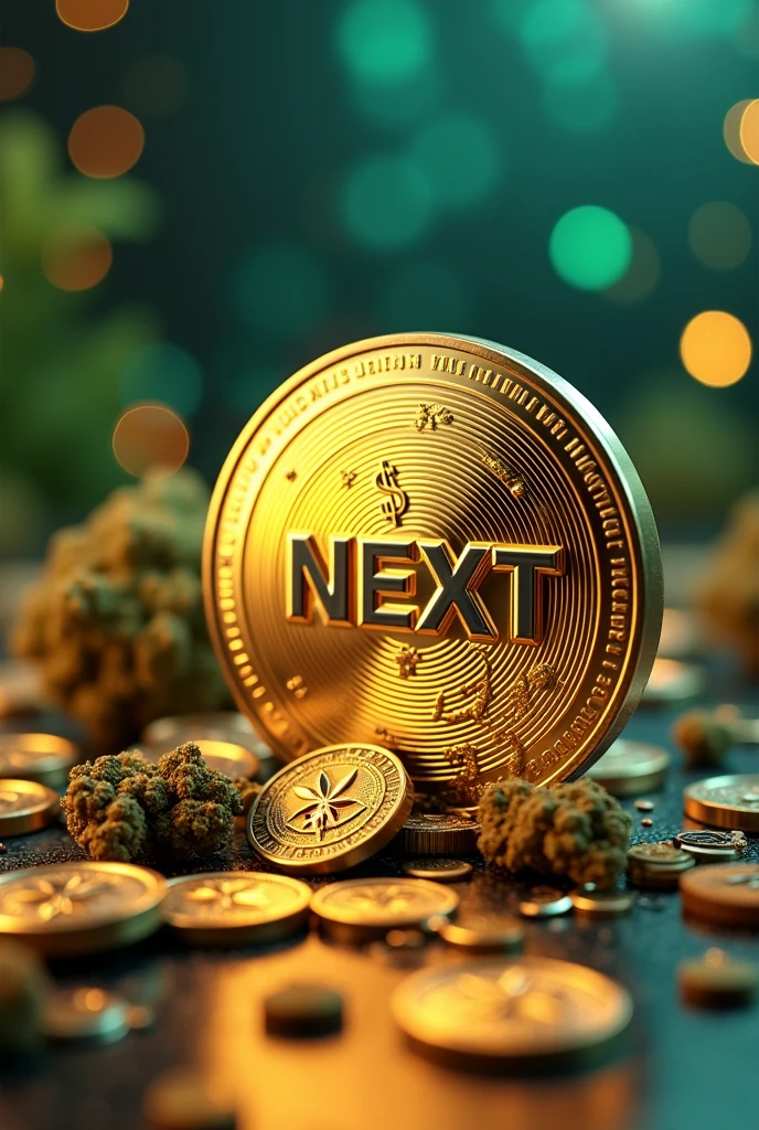 Create a 3d image of airdrop coin write NEXT on solana on the image,dollar sign,coins,weed cigarettes,use 0x360 as dimension.