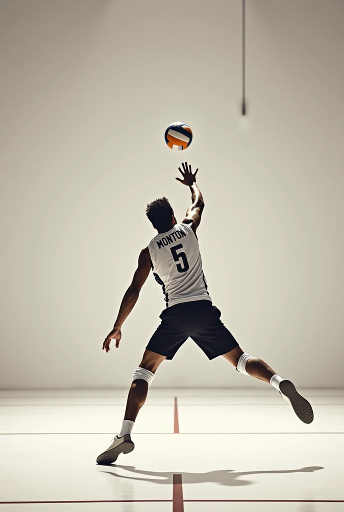 Minimalist volleyball theme wallpaper,men. Indoor. Men spiking with a last name "Monton" and a jersey number "5"