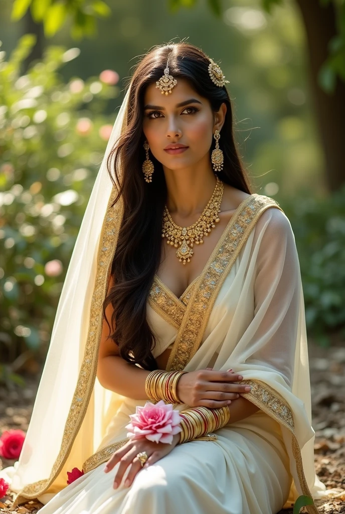 Here's a prompt based on the image:
"Create a detailed and realistic portrait of a regal woman in traditional Indian attire. She is seated in a serene garden with lush greenery and soft light filtering through the trees. The woman wears a luxurious white and gold sari adorned with intricate patterns, and she is richly decorated with gold and gemstone jewelry, including a heavy necklace, bangles, earrings, and a headpiece. Her long, dark hair flows under a delicate veil, and she holds a flower delicately in her hand. Her expression is calm and contemplative, with striking eyes that reflect both strength and grace. The background features soft floral elements, enhancing the overall ethereal and divine atmosphere of the scene."