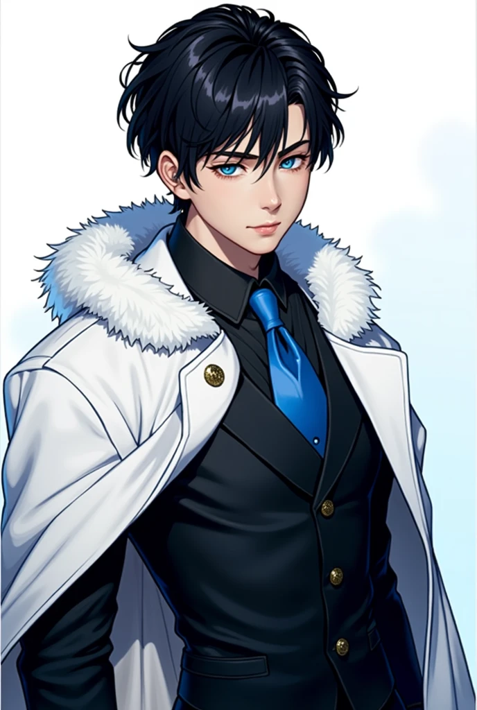1 chico, handsome boy, elegant, 15 years, close to the photo, white standing ,short hair,holding a katana sword,black fur, messy hair, elegants, black gala shirt, black pants,blue eyes, black coat with blue , ultra detail, ultra high definition, masterpiece, Best Quality
