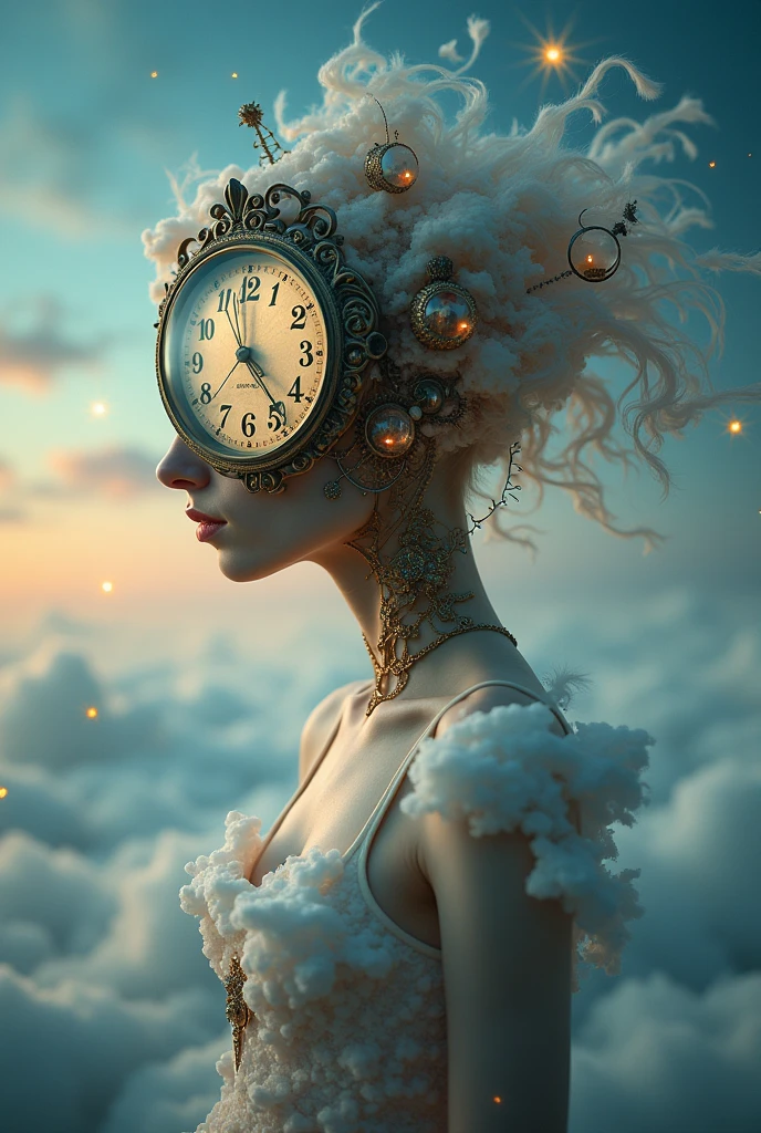 Create images: Design portraits where the face or body is altered in strange ways, like a head that is a clock or a face made of clouds.