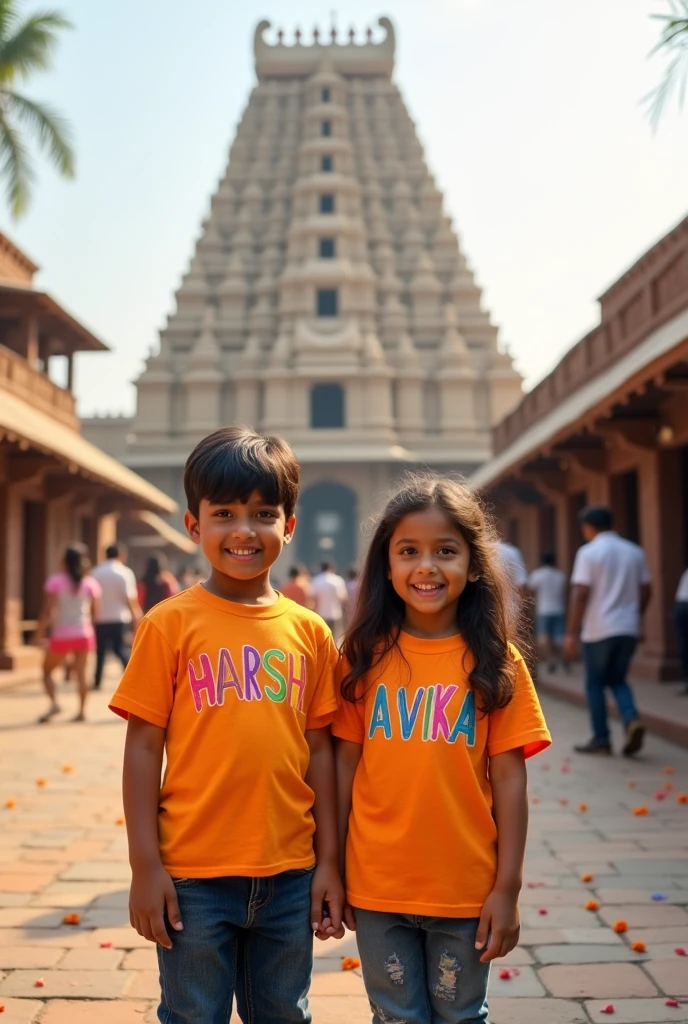 A boy named harsh written on his tshirt stand in front of temple with a girl named avika written on his tshirt