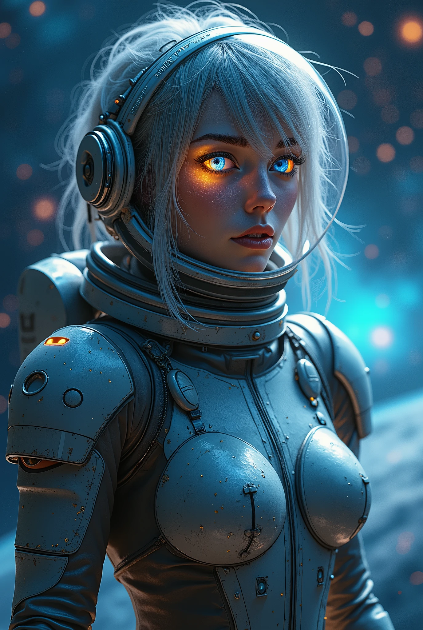 (full body huge breasts of a better masterpiece:1.5)0.9], (Space and astronauts:1.2) (Messy silver hair:1.1) (Heterochromia xanthochromia and blue eyes:1.2) (Space Helmet:1.0) (Colored stars in the eyes:1.0) (A radiant glow:1.1) (thick lips:0.9)