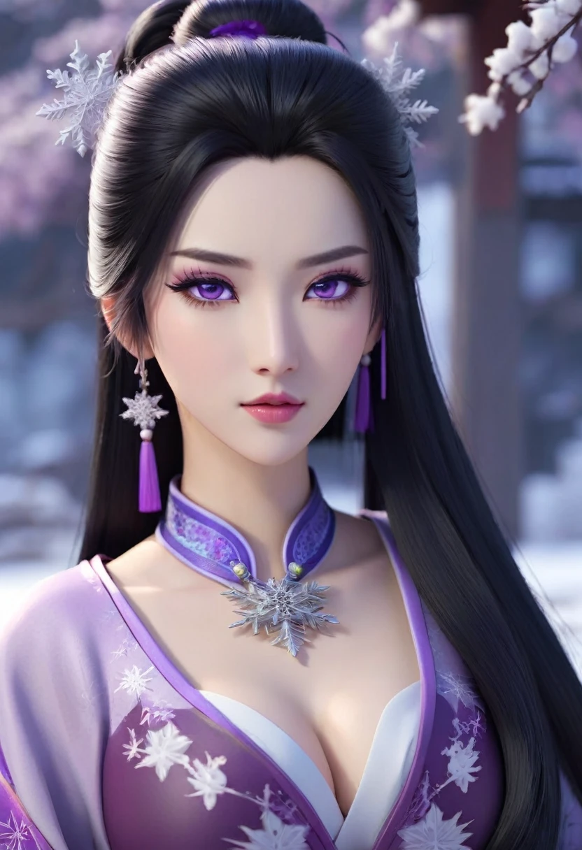 anime human woman. half-up long black hair. fair skin. purple eyes. gigantic boobs. Wuxia clothes. snowflake necklace. mauve lips. Realism style. 3D anime model style. CGI animation. Wuxia style.