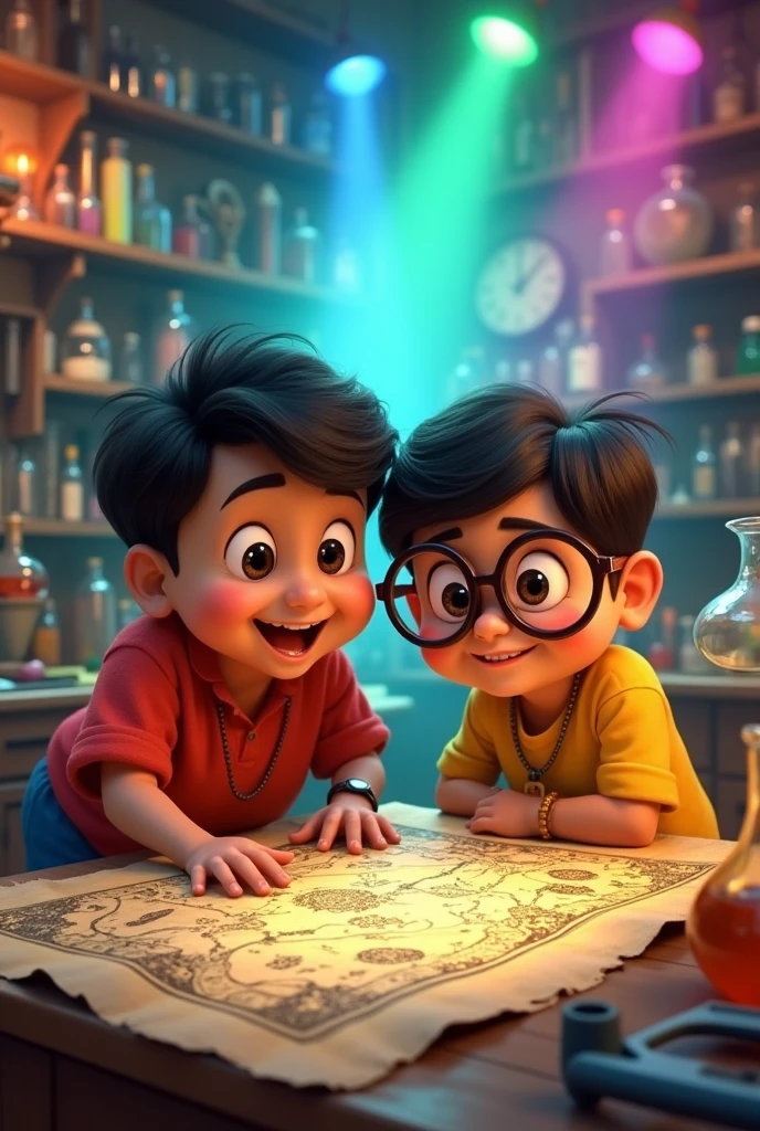Motu and Patlu excitedly look at an old treasure map. They’re in Dr. Jhatka’s lab with colorful scientific gadgets around them.