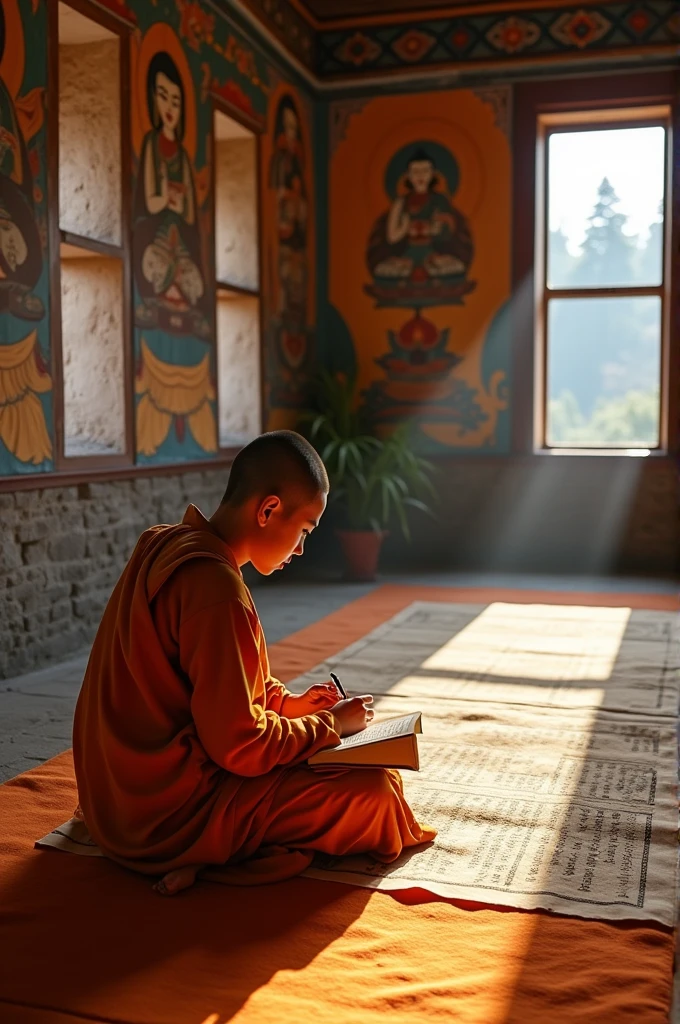 Bhutan monk writing homework