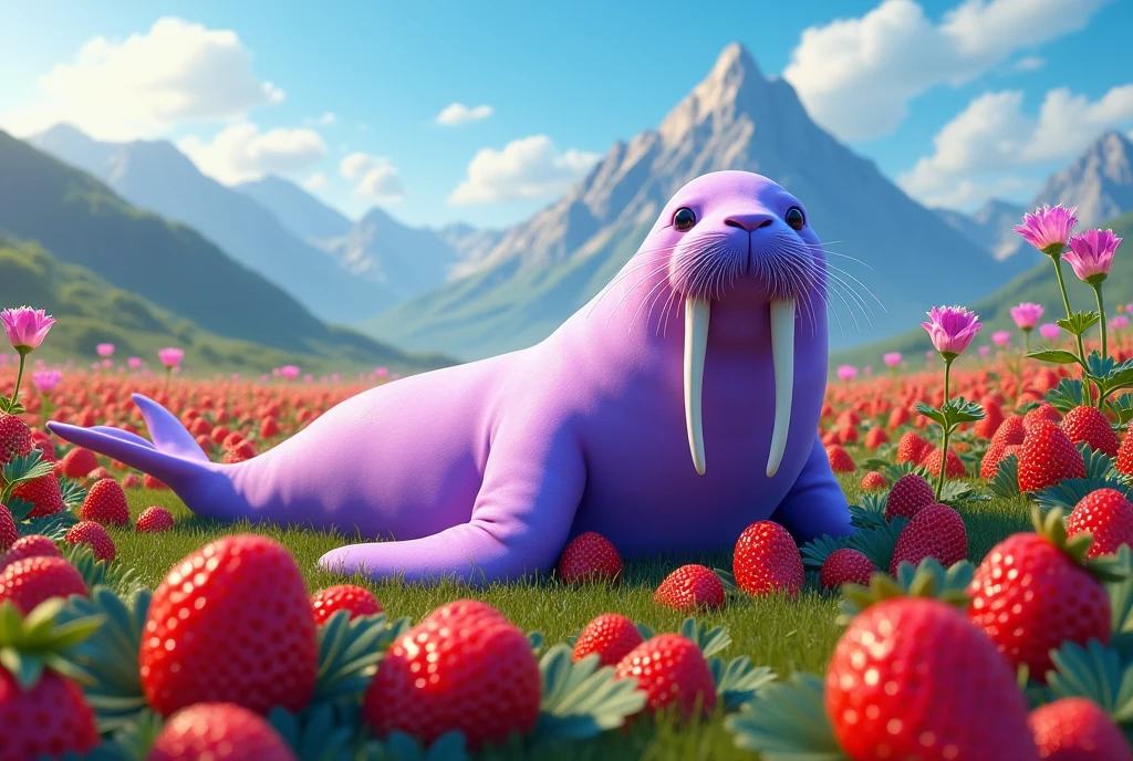 lavendar-purple coloured walrus in a strawberry fields, style raw, 8 k ultra detailed, environment design illustration, scenery art detailed, concept-art, 4k highly detailed digital art, 4 k digital painting, 4k digital painting, stunning digital illustration, mountainous background, digital painting concept art, Detailed digital painting