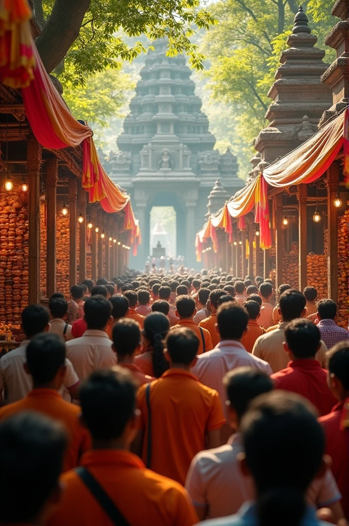 A crowded temple scene with devotees praying, the scent of flowers in the air, and shops selling offerings outside.