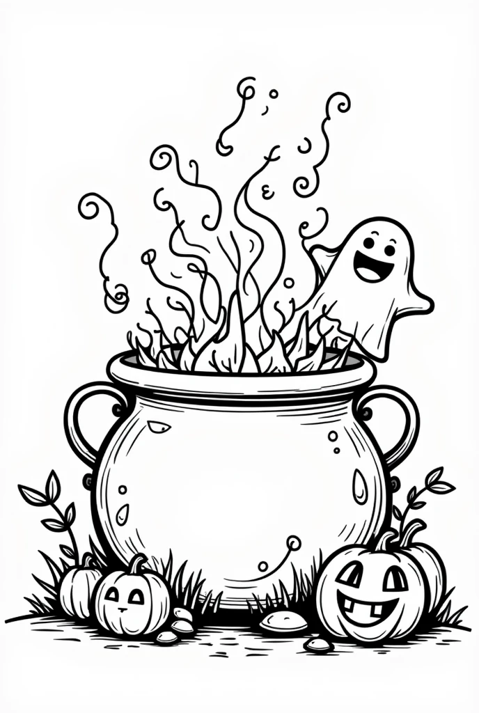Cute and kawaii halloween magic potion cauldron coloring Page, simple for toddlers, bold and easy, black bold lines White background, for a coloring book black and white, líne art, only outlines, but the design is simple and bold, no greyscale