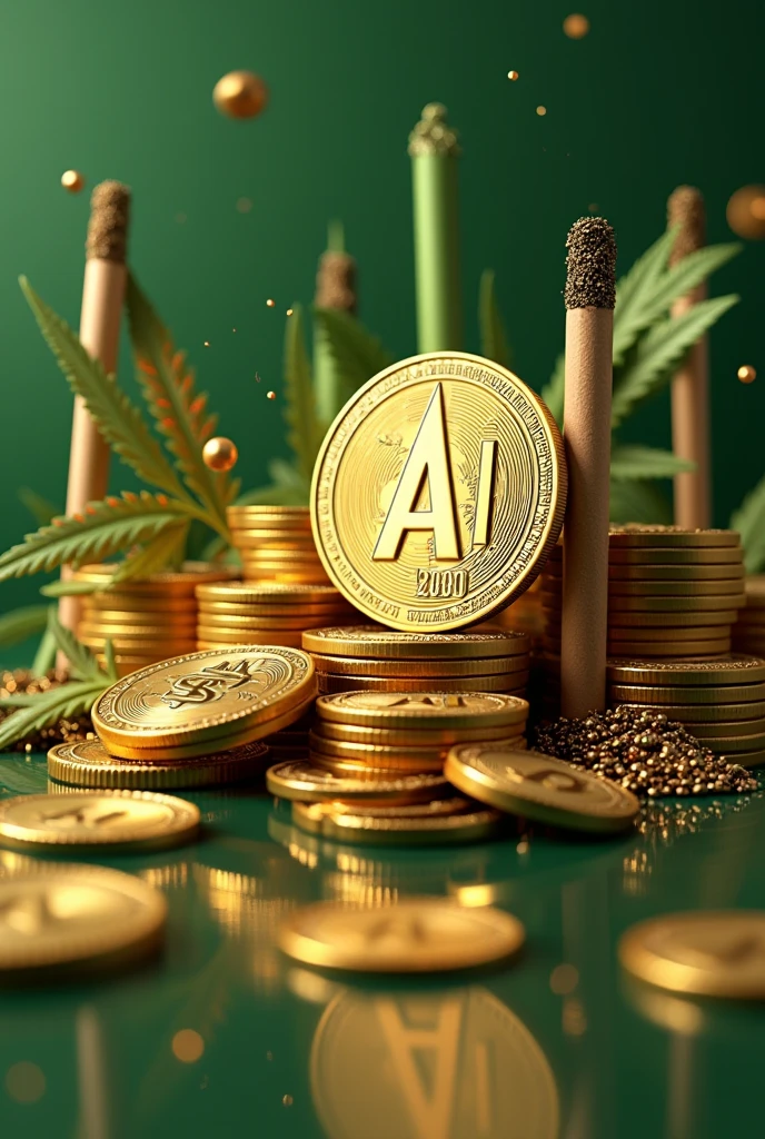 Create a 3d image of airdrop coin write AI on solana on the image,dollar sign,coins,weed cigarettes,use 0x360 as dimension.