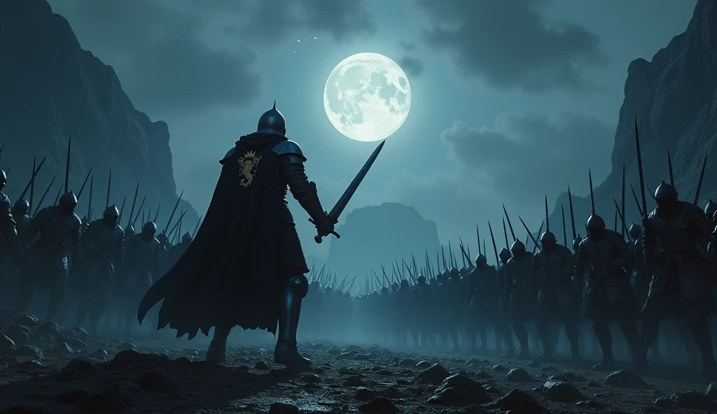 A highly realistic, high-contrast, 8K HD, detailed, hyper-detailed image of a lone knight fighting against multiple enemies under the cover of night, giving everything he has for the honor of his kingdom. The knight, clad in steel armor with a lion emblem on his chest, is surrounded by foes on all sides, yet he stands resolute, wielding his sword with fierce determination. The dramatic landscape around him is illuminated only by the faint light of the moon and stars, with rugged terrain and ominous skies heightening the intensity of the battle. The atmosphere is tense and heroic, capturing the knight's courage and unyielding spirit as he fights against overwhelming odds in the darkness. The image is of the highest quality, with ultra-high resolution, RAW photo quality, and Unreal Engine rendering, portraying the lone knight's valor and the epic nature of his struggle under the night sky.