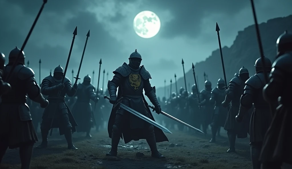 A highly realistic, high-contrast, 8K HD, detailed, hyper-detailed image of a lone knight fighting against multiple enemies under the cover of night, giving everything he has for the honor of his kingdom. The knight, clad in steel armor with a lion emblem on his chest, is surrounded by foes on all sides, yet he stands resolute, wielding his sword with fierce determination. The dramatic landscape around him is illuminated only by the faint light of the moon and stars, with rugged terrain and ominous skies heightening the intensity of the battle. The atmosphere is tense and heroic, capturing the knight's courage and unyielding spirit as he fights against overwhelming odds in the darkness. The image is of the highest quality, with ultra-high resolution, RAW photo quality, and Unreal Engine rendering, portraying the lone knight's valor and the epic nature of his struggle under the night sky.