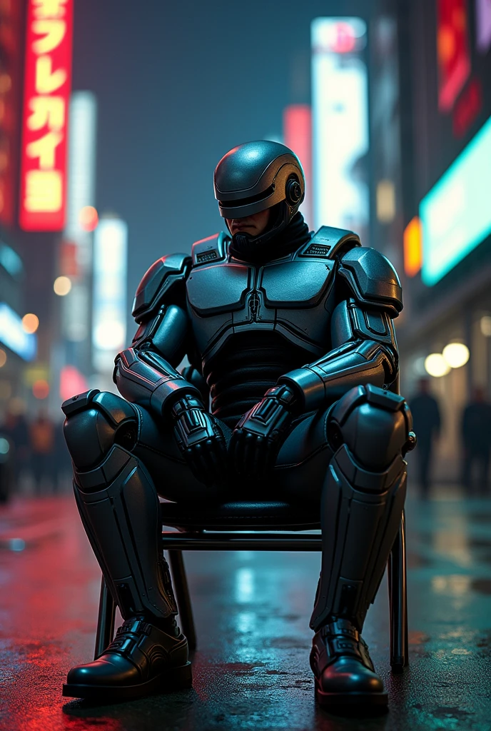 Robocop sits on the metal chair