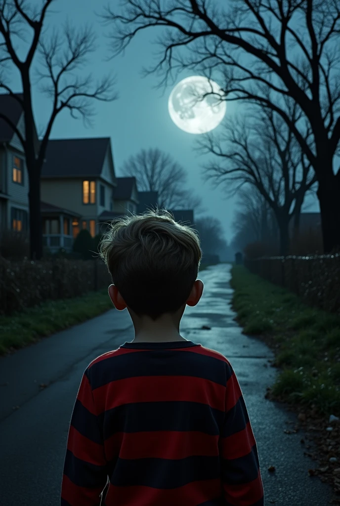 a boy with red and black striped clothes, afraid, watching the creepy neighbor's house, he had a scared expression