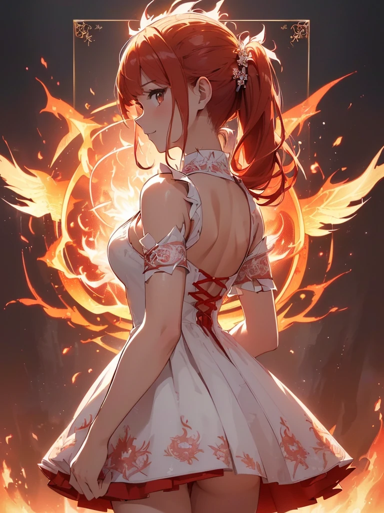 (((best quality, sharp image, clear image, cinematic lighting, 8k resolution, masterpiece, ultra detailed, intricate))) Girl, (((looking over left shoulder))), (shot from behind), ((half shot)), fiery red hair, pigtails, ((white dress)), ((flaming sigils, flaming runes)), spiky rock formations, (flaming lotus flowers frame), (intricate background), ((Phoenix)), (swirling flames), smiling