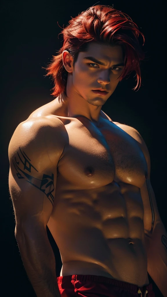 A muscular male angel, blood-red wings, majestic pose, bare perfect body, smooth skin, blood-red hair, black eyes, perfect face, y expression, full-body tattoos, (best quality,4k,8k,highres,masterpiece:1.2),ultra-detailed,(realistic,photorealistic,photo-realistic:1.37),highly detailed, cinematic lighting, dramatic contrast, vivid colors, dark fantasy, gothic, chiaroscuro