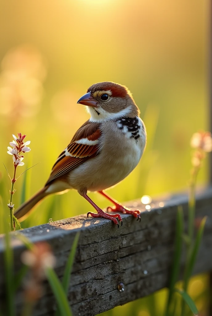 A close-up of a sparrow sitting on a rustic wooden fence, with morning sunlight casting a warm glow on its feathers.
