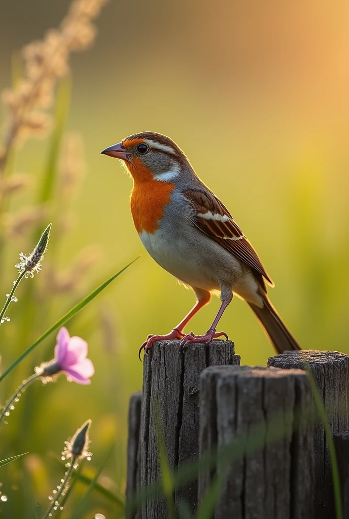 A close-up of a sparrow sitting on a rustic wooden fence, with morning sunlight casting a warm glow on its feathers.