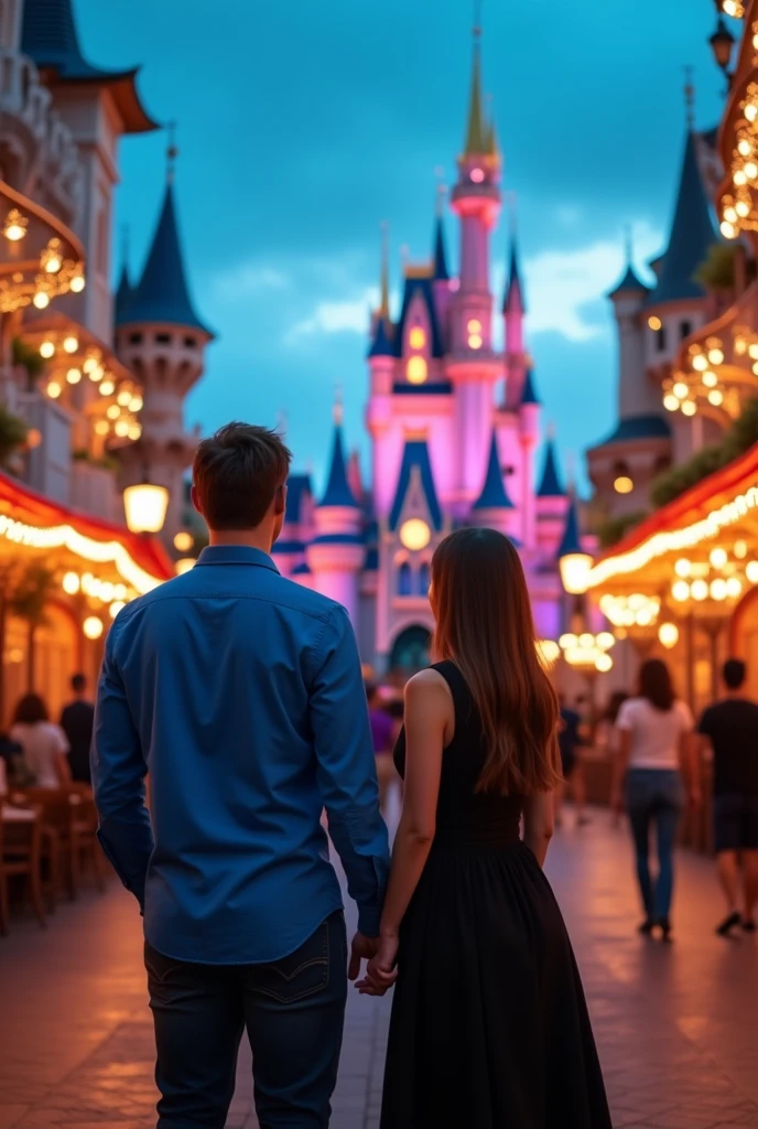 A man named Steve with blue shirt trying to propose a girl named Emily wearing black clothes from far away
At Disneyland usa