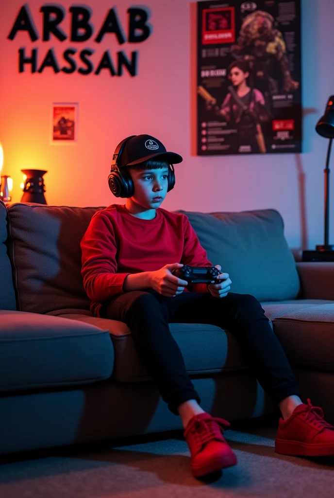 (photorealism:1.2), beautiful boy, sitting on sofa in gaming room, wearing red shirt , black pants,red sneakers, black cap,indoors, soft lighting, playing pubg on ps4,cozy room, gaming pose, realistic, intricate details, warm colors, Write Arbab Hassan with capital fonts on the wall.
