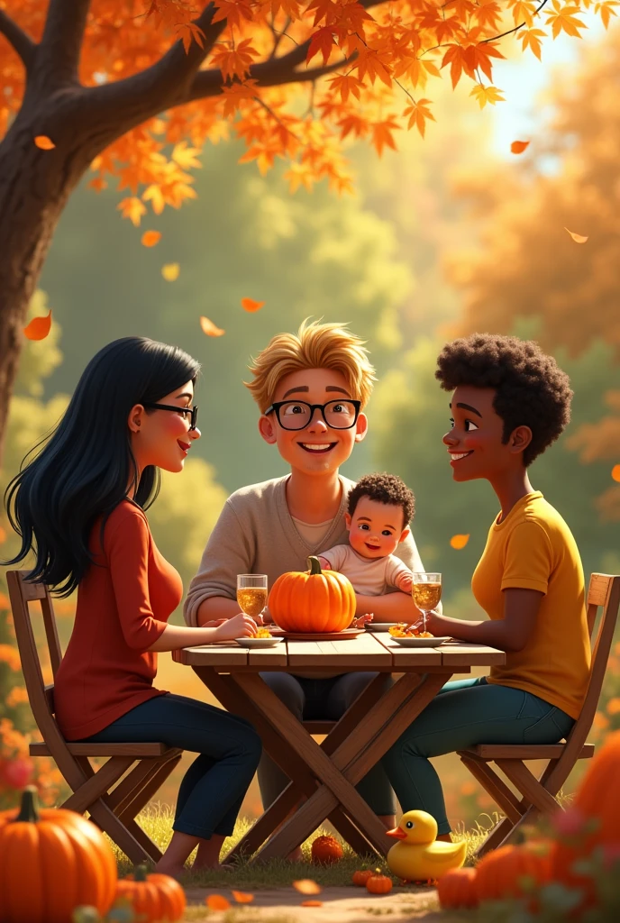 tries to create an image with two women and two men, A woman wearing glasses, thin with black hair next to a thin man with brown hair with short little curls and a baby in his arms. The other man a bit fat,short blonde curly hair with marks on the face, the other woman with dark skin and large, straight, voluminous black hair. Garden setting having dinner at the table with a pumpkin and a duck on the table. Pixar-style
