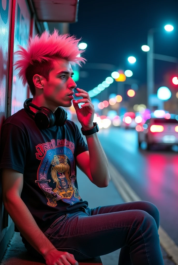 Young man as a rockers(spiky hair) is smoking, wearing printing t-shirts and tight jeans with emblems, sitting on the shelter near the traffic lights and marks, neon loghts headphones on his neck, wearing smartwatch, boots, lot of cars in the streets