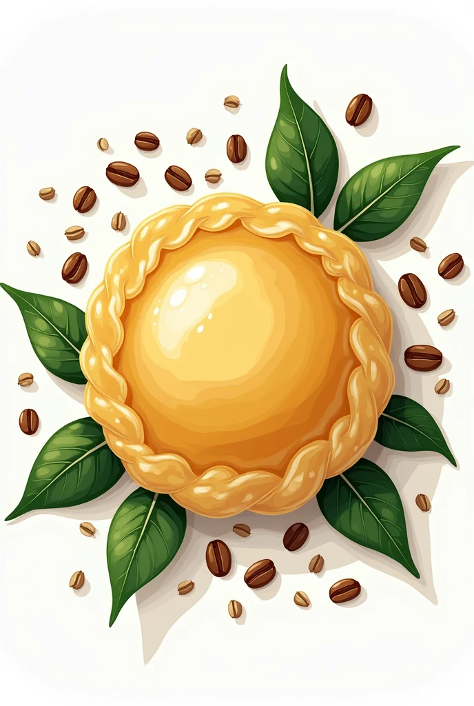 Drawing of a fermenting scoby with guayusa leaves and coffee beans around it on a white background