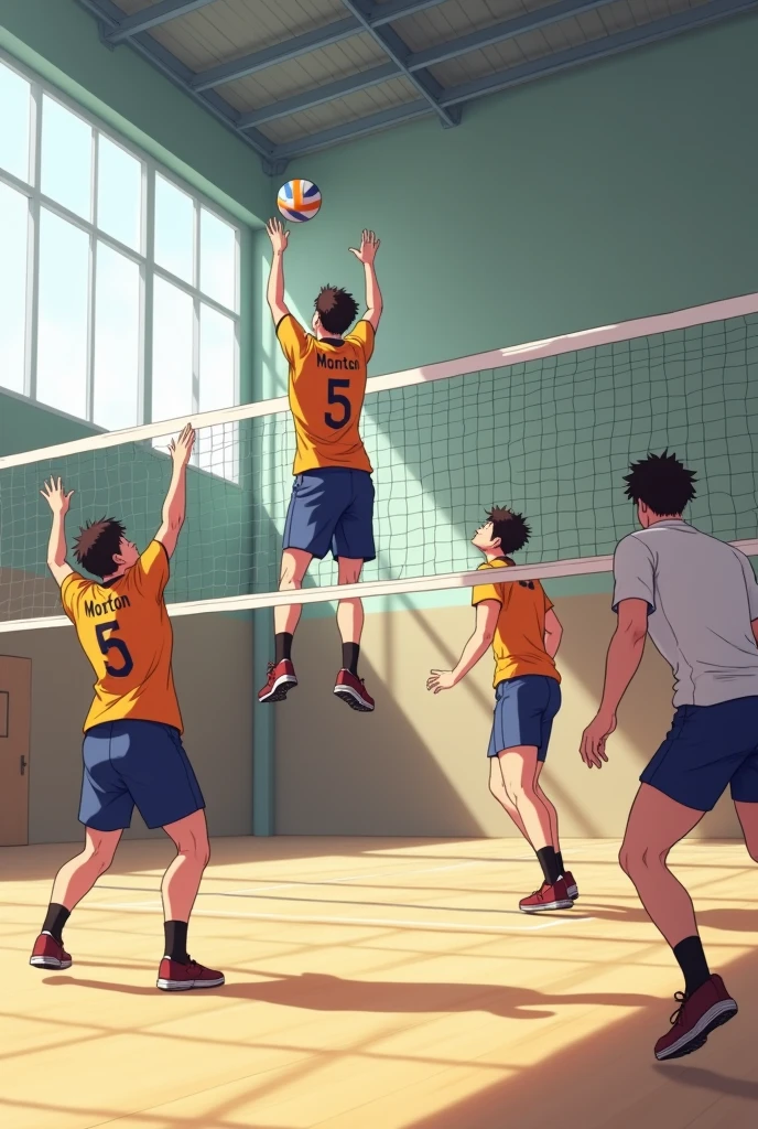 Minimalist volleyball theme wallpaper,men. Indoor. Men spiking with a last name "Monton" and a jersey number "5" . Anime men. Spike form