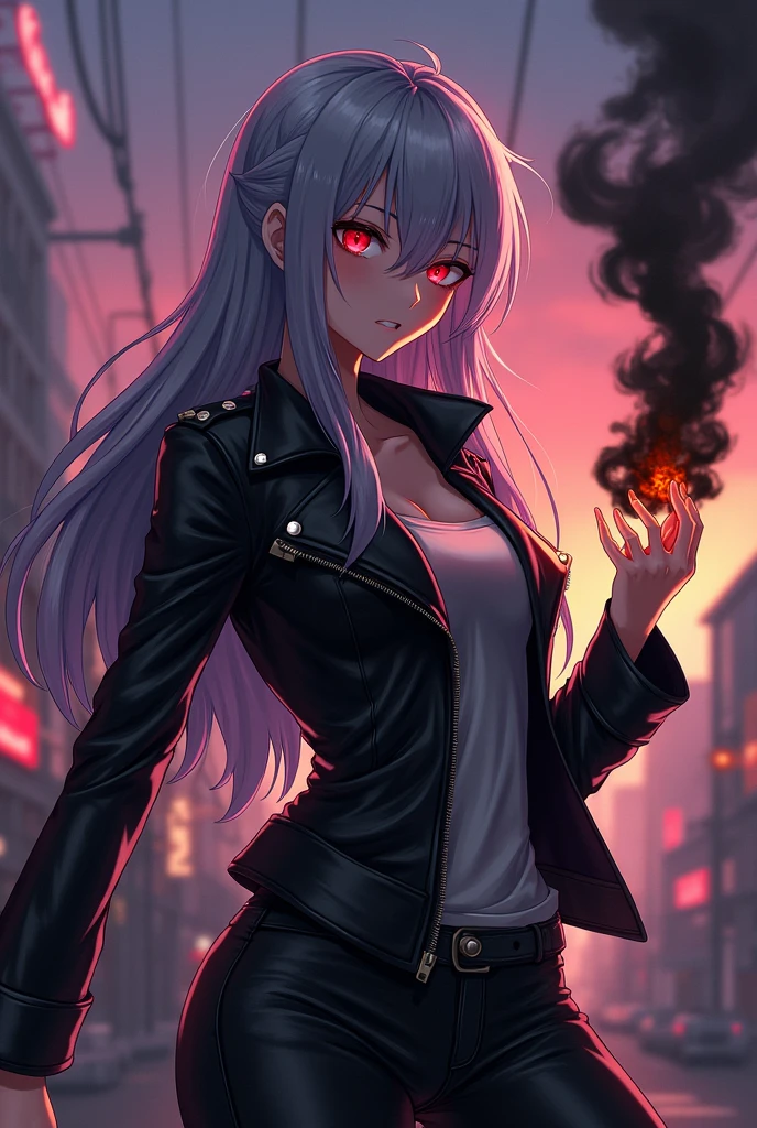  The anime character with gray hair,Eyes red,wears a black leather jacket with spikes,summons black fire in their hand 