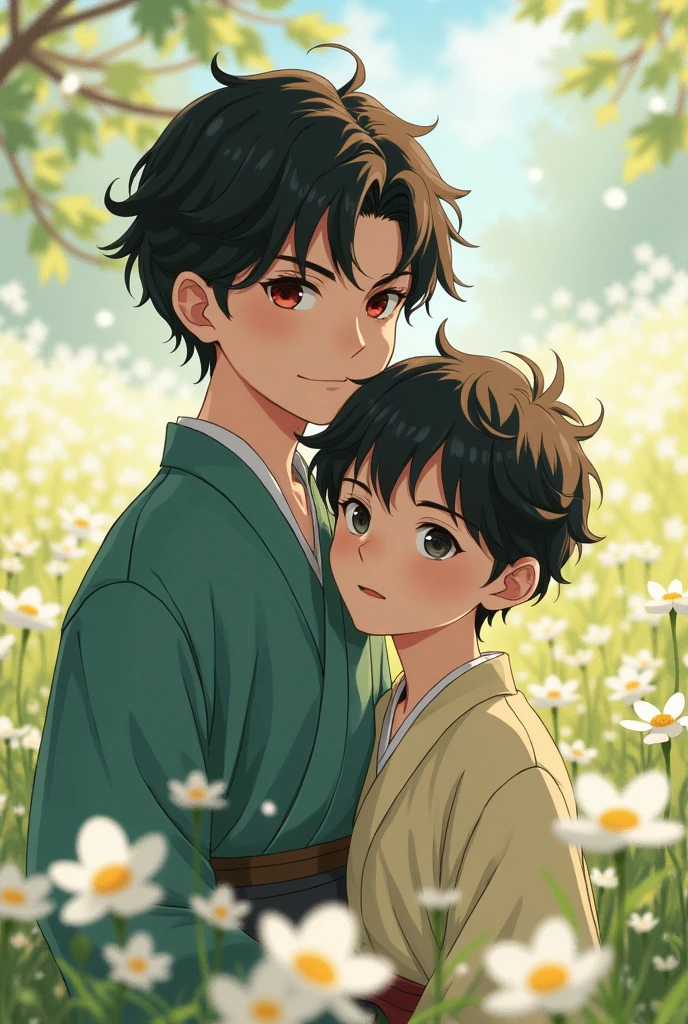 Create, Levi Ackerman, a detailed image of a beautiful, kind young boy with dark gray eyes and black circles under them, a face that looks young and appears frowning or expressionless, with very soft, shiny black hair in a field of white flowers with Kibutsuji Muzan standing next to him wearing a kimono, fair skin, black curly hair, and crimson eyes smiling at him. Make them look like brothers.