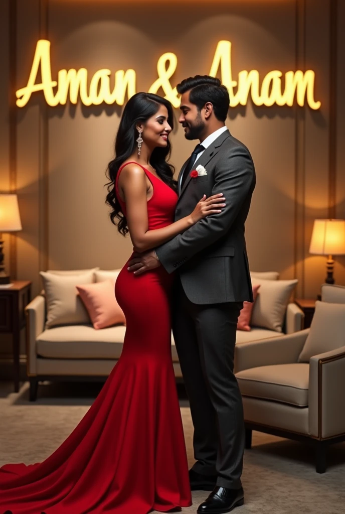 A couple standing together in a room, with the Woman wearing a hot, stylish dress and the Man dressed to complement her, making them look like a matching couple. In the background, the names 'Aman' and 'Anam' are clearly and fully displayed in bold, elegant letters, seamlessly integrated into the room’s design, creating a cohesive and intimate 3D scene