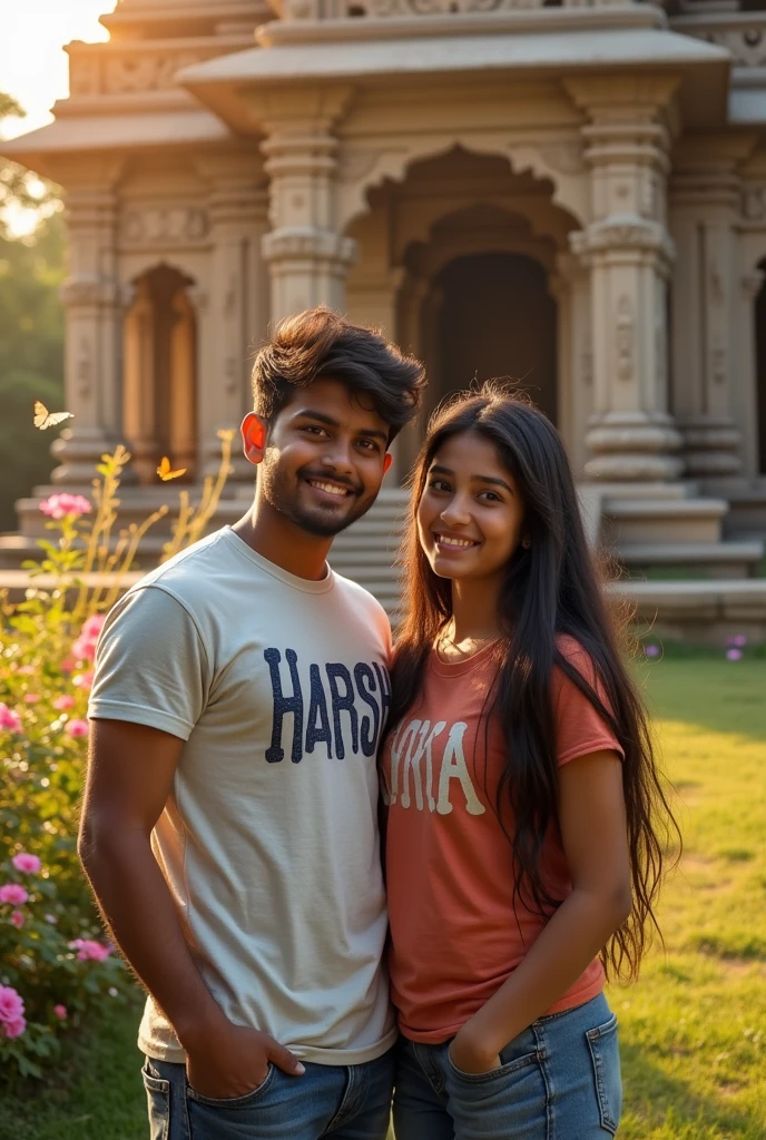 A boy 19 year old named harsh written on his tshirt stand in front of a beautiful temple with a 19 year old girl named avika written on his tshirt