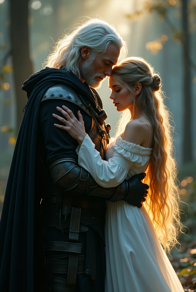 Realistic style, 2 people, 1 man, light skinned, of long hair, messy white color, with yellow eyes, con Elf's ears, combat gear and a black cloak, She is wearing, The 2nd person, Princess, a long white dress, he is with his eyes closed, Elf's ears, long blonde hair, It's sad, hugging the man