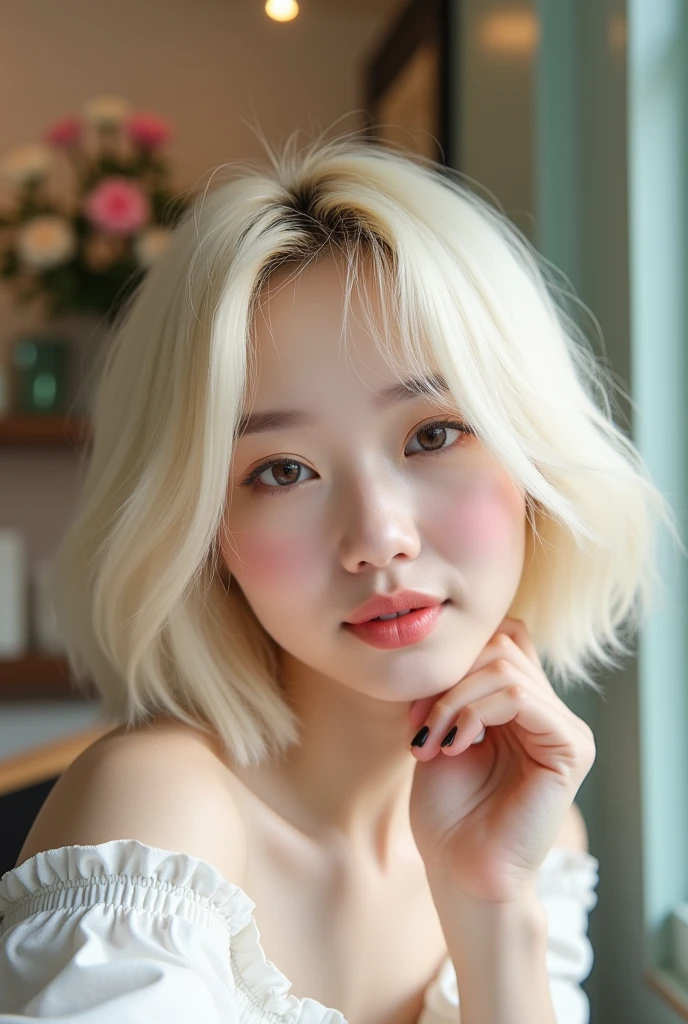 A cute Korean woman with blonde bob hair。Slender with large breasts.
Bangs are down.
Double eyelids and a small face.
Selfie-style angle.