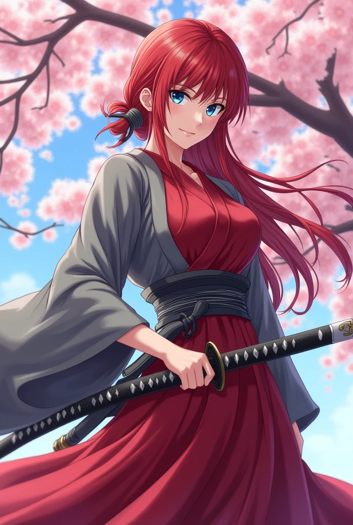 ((Highest quality))Anime, Japanese woman in a kimono, with azure eyes, red hair, long hair tied up low, gray hakama, crimson dress, Japanese sword on her left hip, large breasts, large buttocks, dressed in male attire, full body shot.