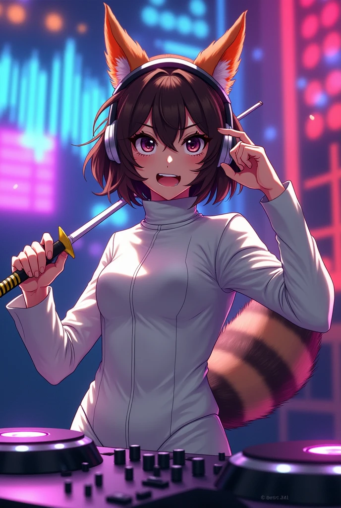You're going to make an anime-style caricature of a brunette woman with short, wavy brown hair and dark brown eyes, His outfit is a fencing suit with orange fox ears., and a very fluffy gray lemur tail at a DJ console with her headphones on and holding a fencing sword in her hands, Her facial expression is one of anger 