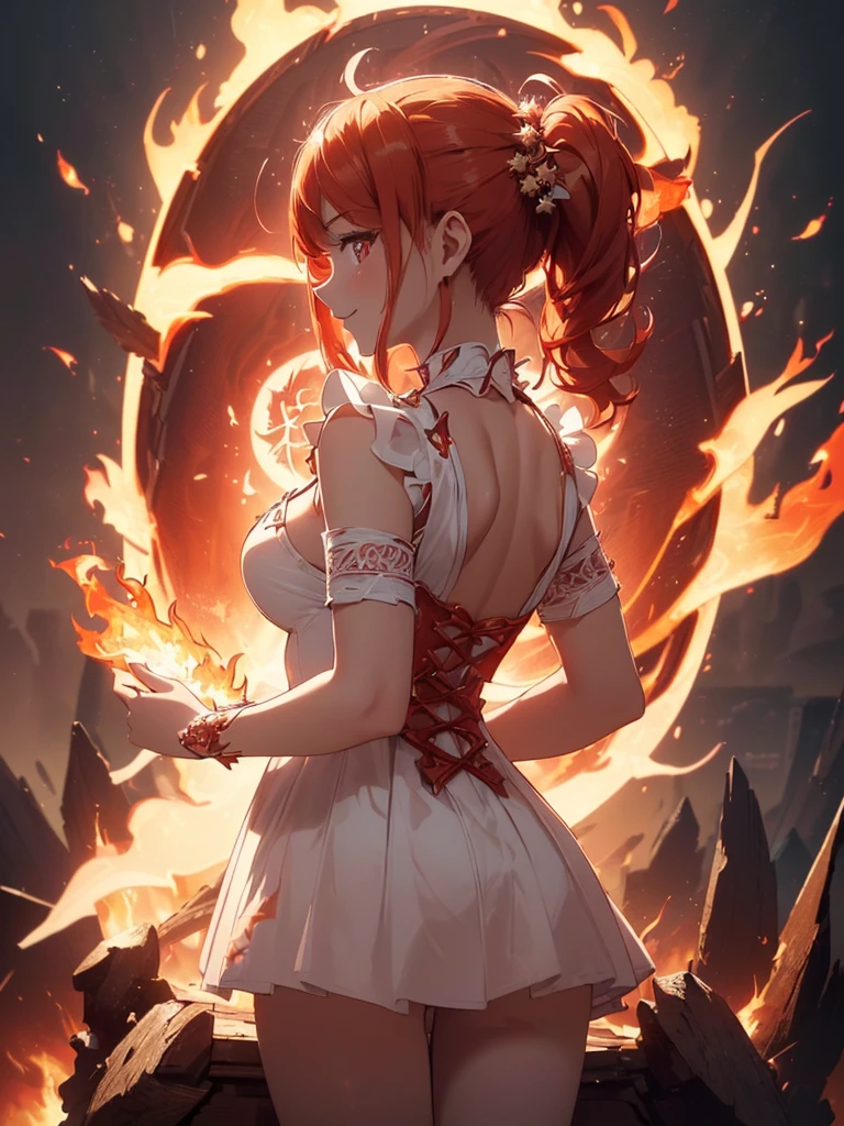 (((best quality, sharp image, clear image, cinematic lighting, 8k resolution, masterpiece, ultra detailed, intricate))) Girl, (((looking over left shoulder))), (shot from behind), ((half shot)), fiery red hair, pigtails, ((white dress)), ((flaming sigils, flaming runes)), spiky rock formations, (flaming lotus flowers frame), (intricate background), ((Phoenix)), (swirling flames), smiling